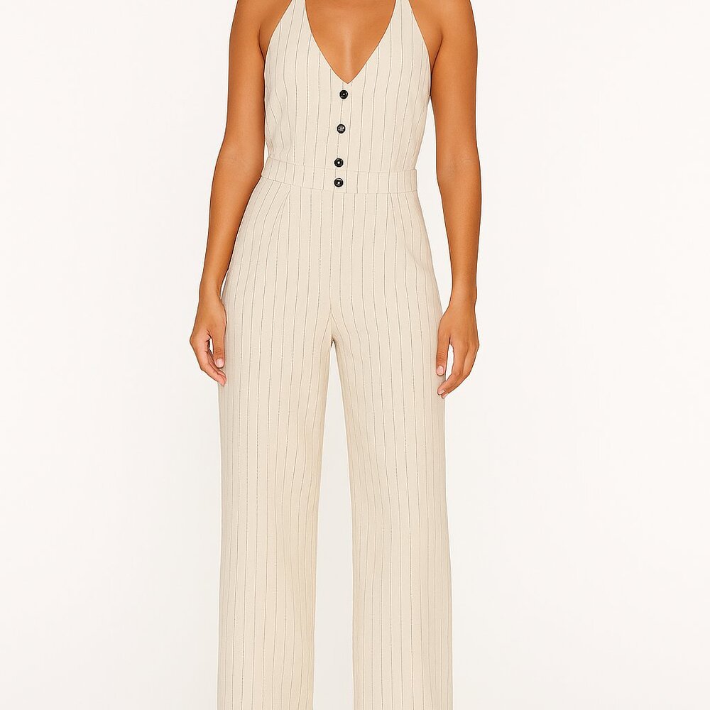 Monteau Los Angeles Striped Halter Wide‑Leg Jumpsuit NWT Linen Blend Size M